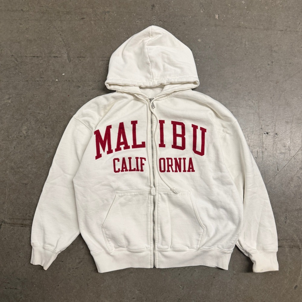 John Galt Malibu California White Zip Up Hoodie Sweatshirt Red Graphic Womens OS